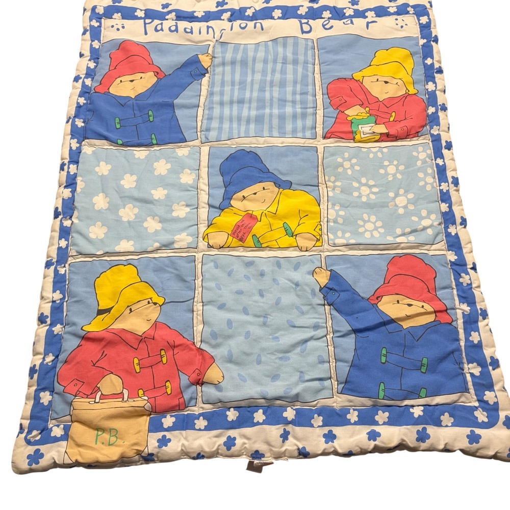 Vintage Paddington Bear Quilted Baby Blanket Nursery Wall Hanging Blue White v